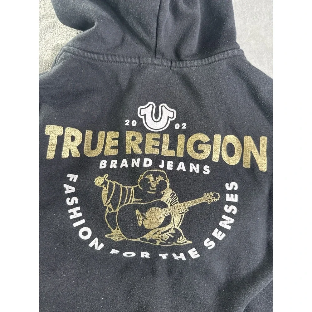 True Religion Zip-Up Hoodie Mens Medium Black Gold Buddha Logo Cotton